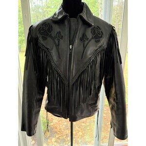 Shaf VTG Moto Womens Sz Medium Fringe Rose Braid Zip Lining Leather Jacket EUC!